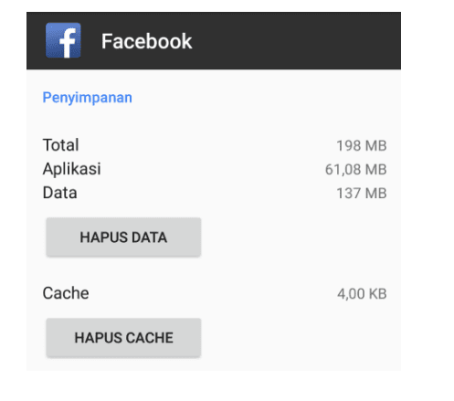 Hapus cache aplikasi Facebook