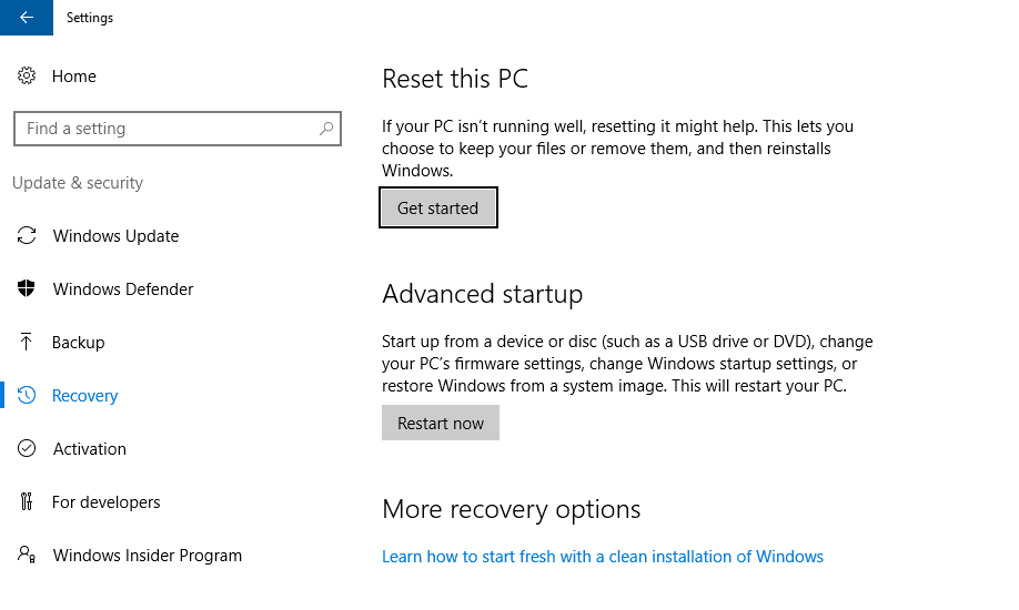 Reset Windows 10