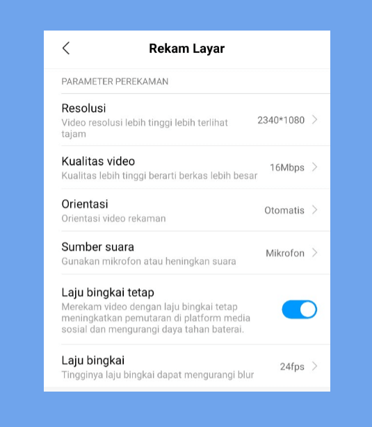 Pengaturan Perekam Layar HP Android Xiaomi