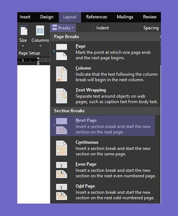 Setting Next Page di Word