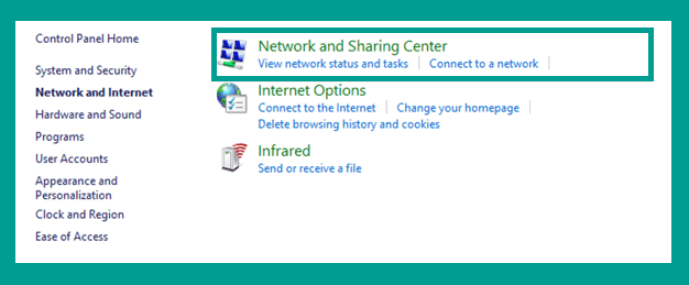 Menu Network and Sharing Center