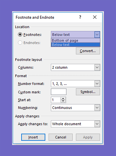 Setting below the text di Word