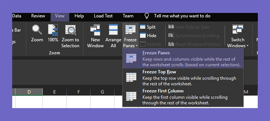 Menu Freeze Panes di Excel