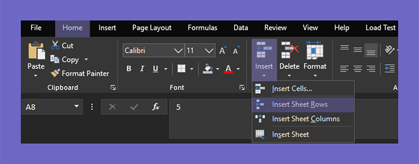 Menu Insert Sheet Row di Dokumen