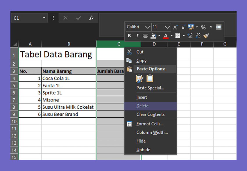 Menu Perintah Delete di Excel