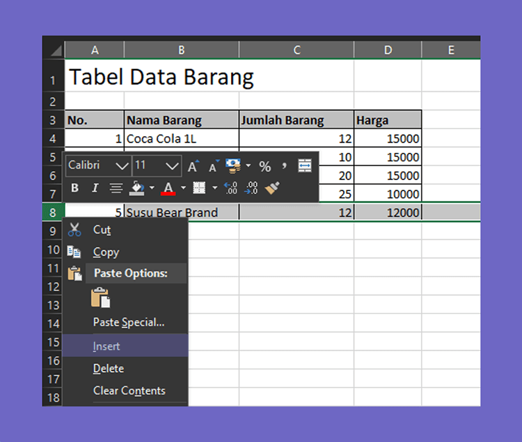 Menu Insert Shortcut Untuk Baris Baru