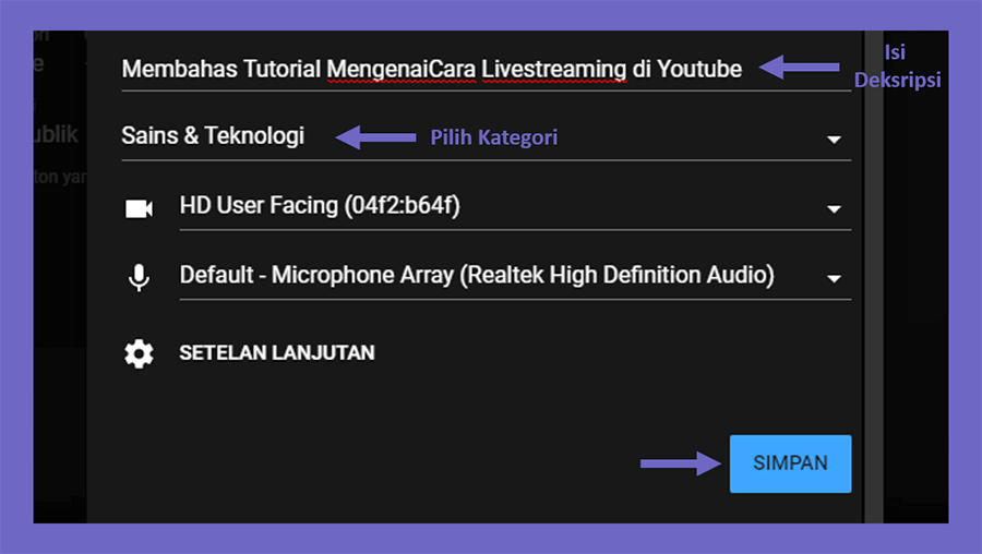 Atur Thumbnail dan Setting Streaming