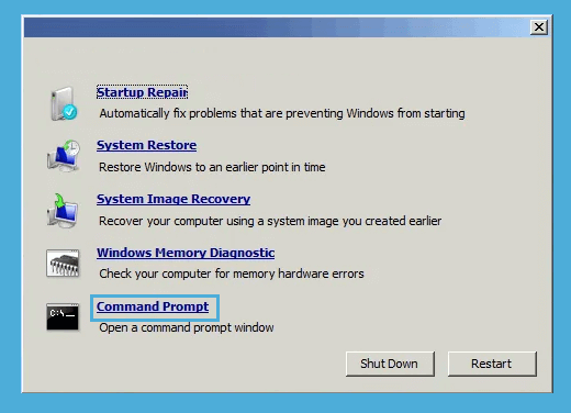 CMD di Recovery Options