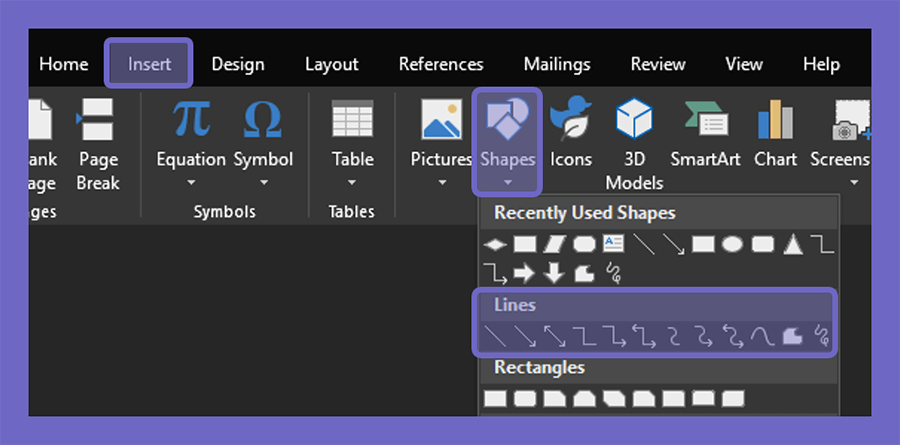 Opsi Shapes Line di Word