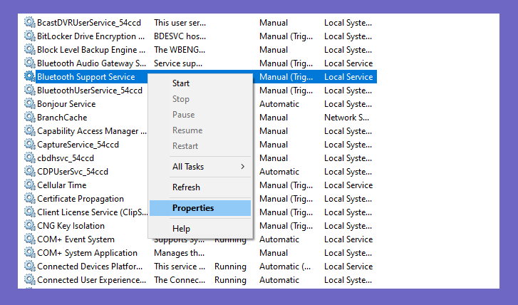 Properties Bluetooth Windows