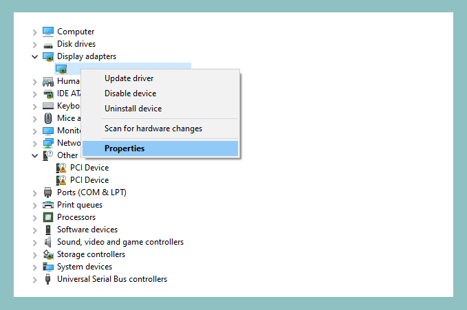 Properties Display Adapter Device Manager