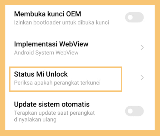 Status Mi Unlock di Setelan