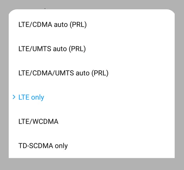 Menu Jaringan LTE Only