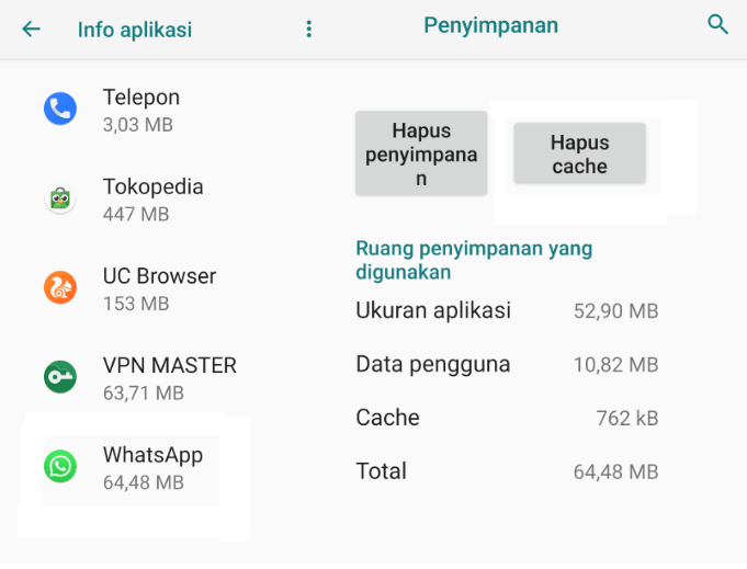 Contoh Hapus Cache WhatsApp