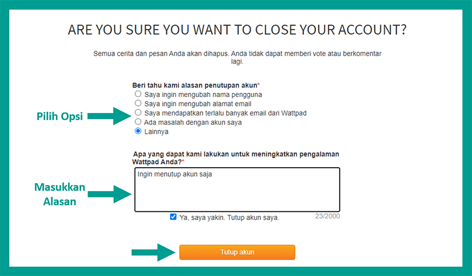 Isi Alasan Tutup Akun