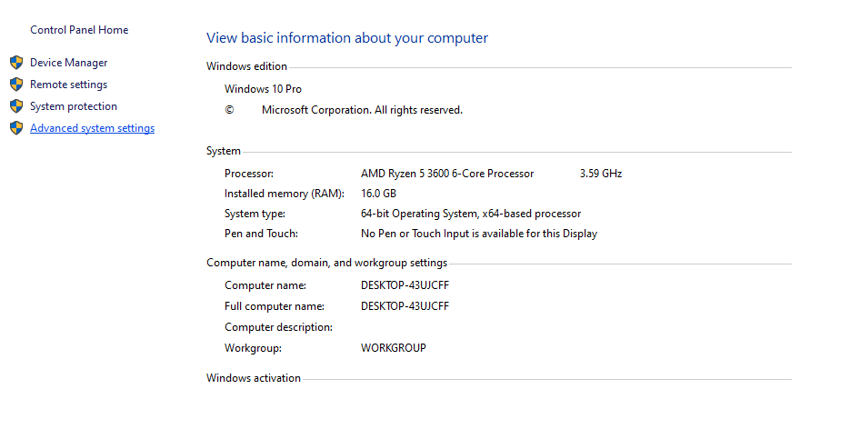 Menu Advanced System Settings di Windows