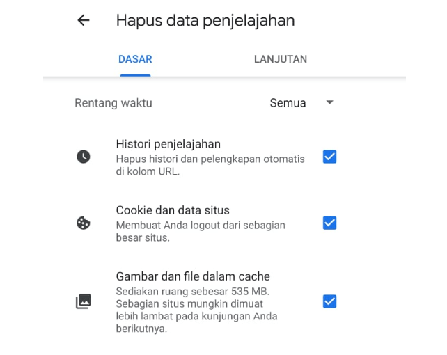 Opsi Hapus Cache di Chrome Android