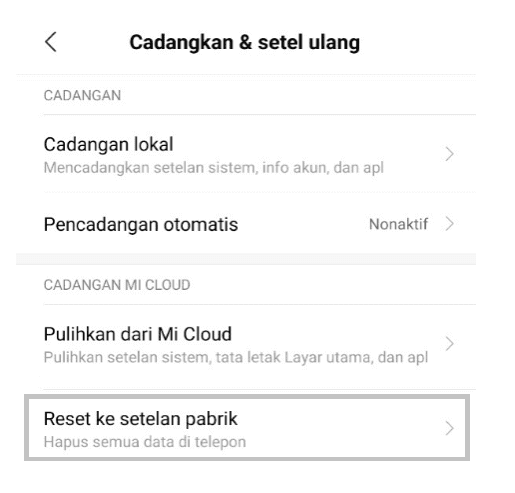 Setting Kembalikan HP ke Pabrik