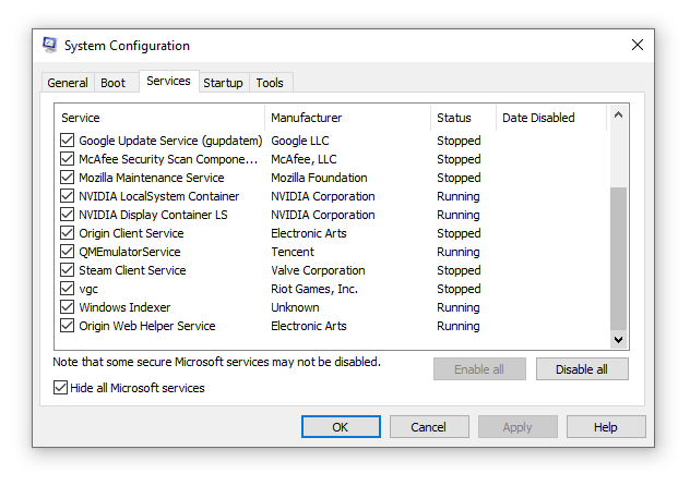 Opsi Services di MSConfig