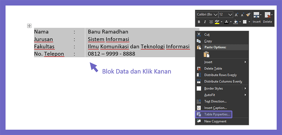 Pengaturan Tabel Properties di Word