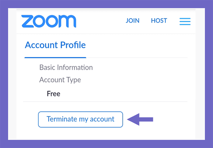 Opsi Terminate My Account di Zoom