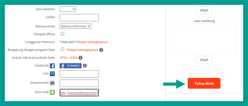 Menu Tutup Akun Wattpad di Situs