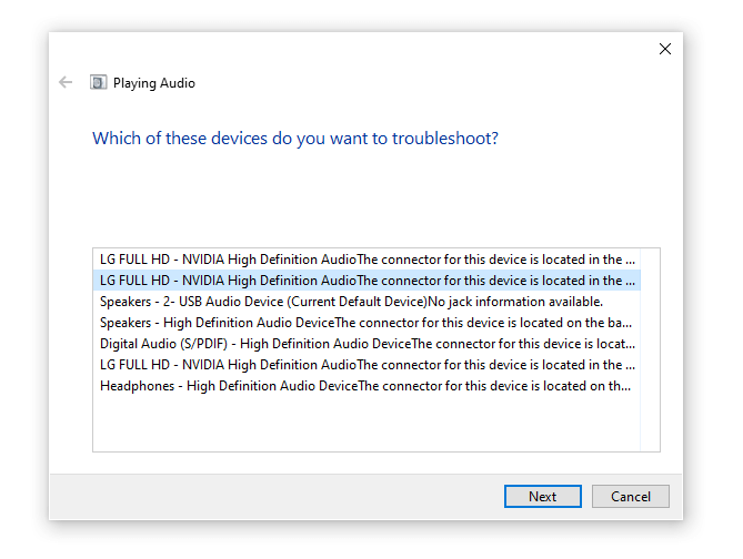Pilih Perangkat Audio di Troubleshooter
