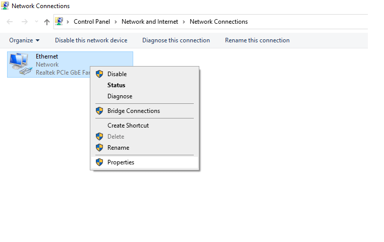 Properties Ethernet Windows