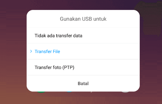 Menyalakan Mode Transfer Data