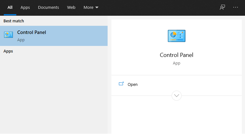 Menu Control Panel di Pencarian