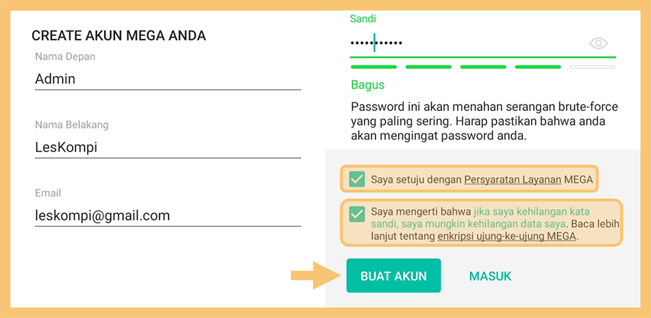 Contoh Buat Akun Mega di Android