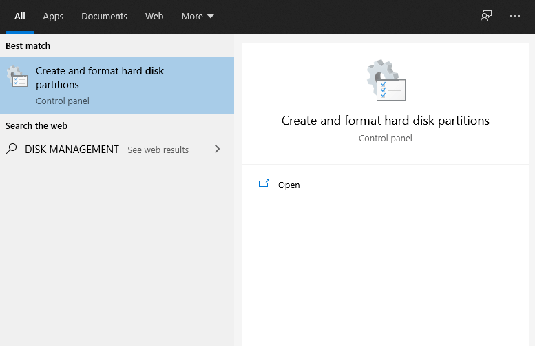 Aplikasi Disk Management di Pencarian Windows