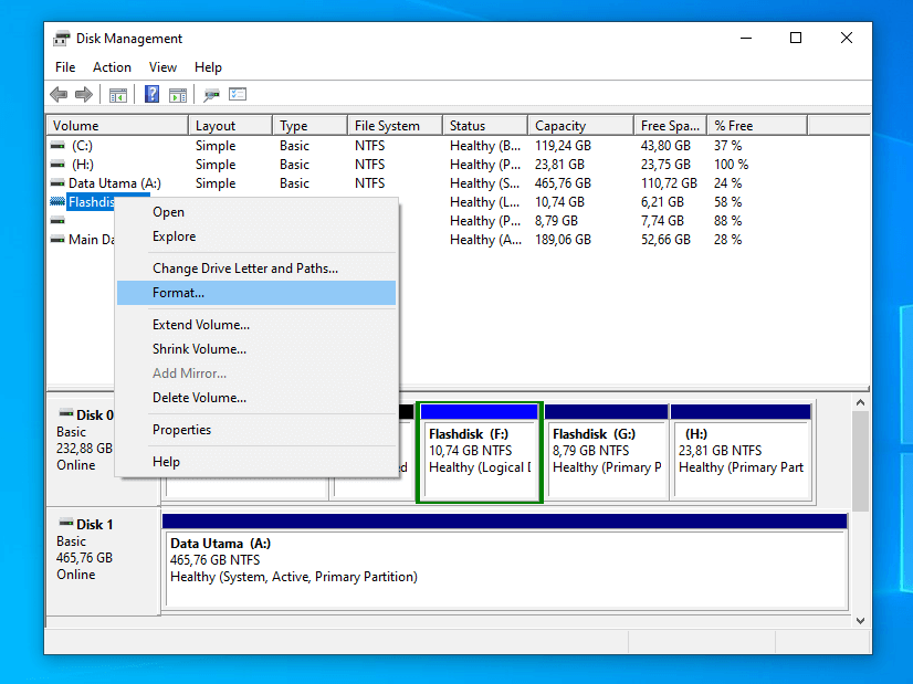 Menu Format Flashdisk di Aplikasi Disk Management