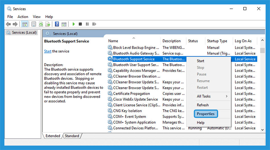 Properties Bluetooth Support Service