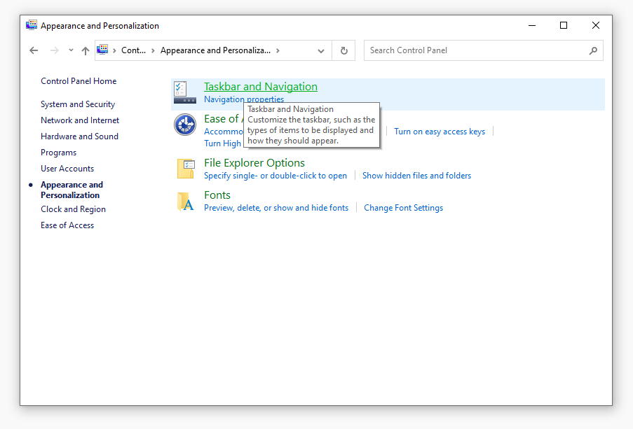 Opsi Taskbar and Navigation