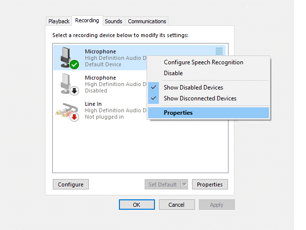 Menu Properties Mic