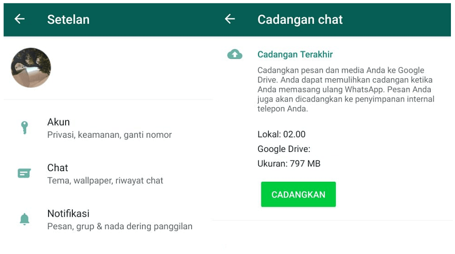 Menu Cadangkan Data WhatsApp