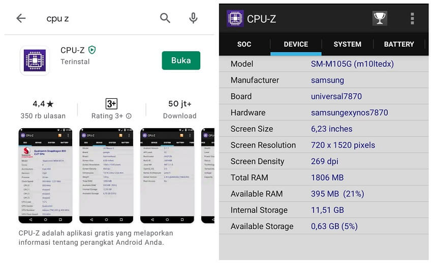 Menu CPU Z di Samsung