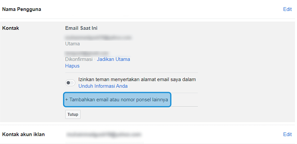 Klik Tambahkan Email Facebook