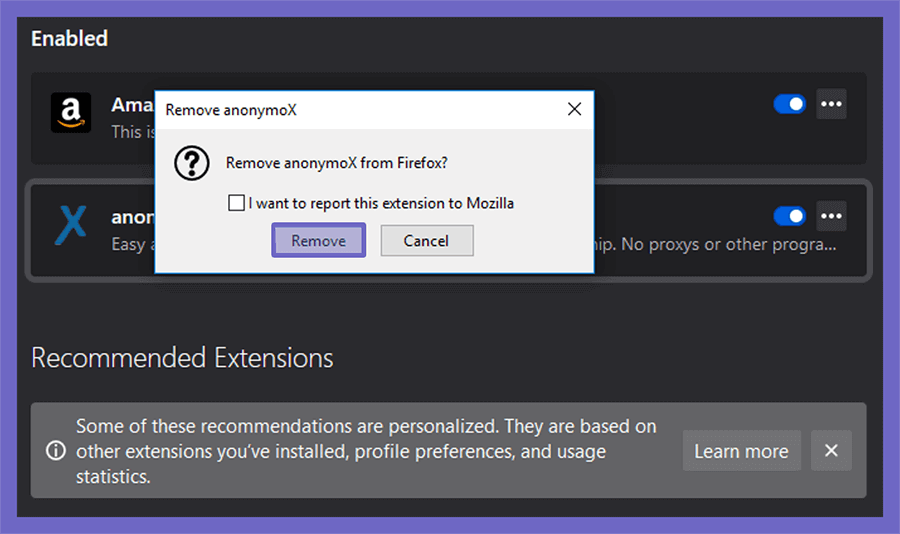 Konfirmasi Delete Ekstensi Anonymox di Firefox