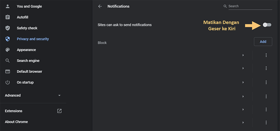 Nonaktifkan Izin Notifikasi Google Chrome