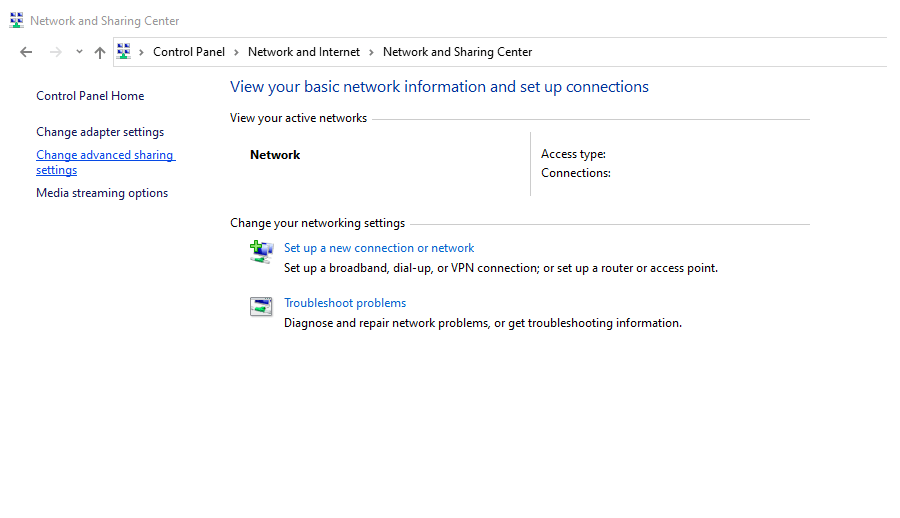 Opsi Change Advanced Sharing Settings di Control Panel