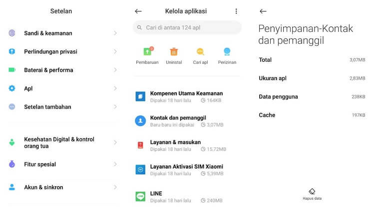 Opsi Hapus Data Aplikasi Kontak