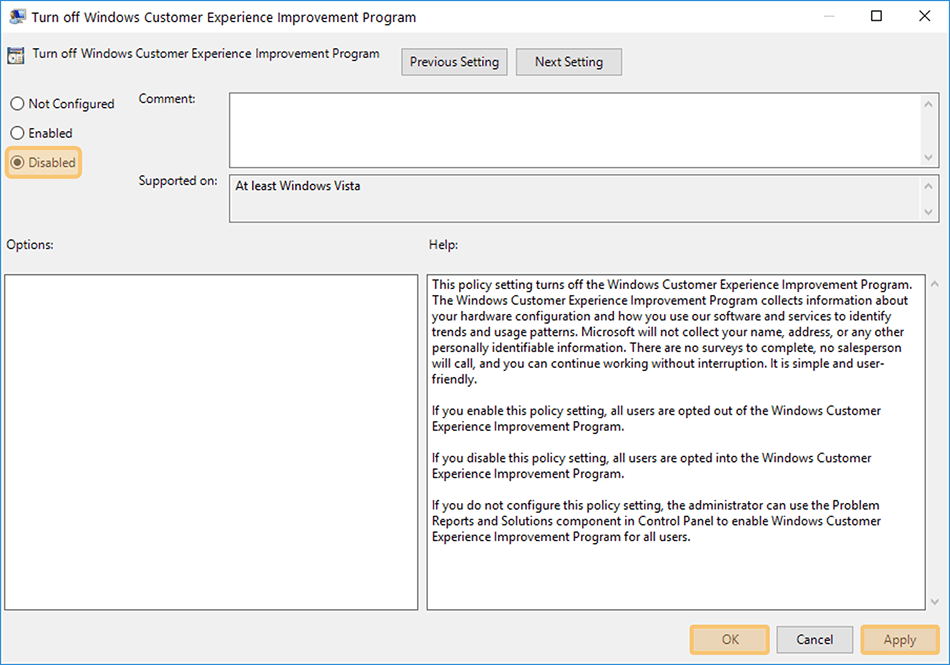 Contoh Nonaktifkan Windows Customer Experience Improvement
