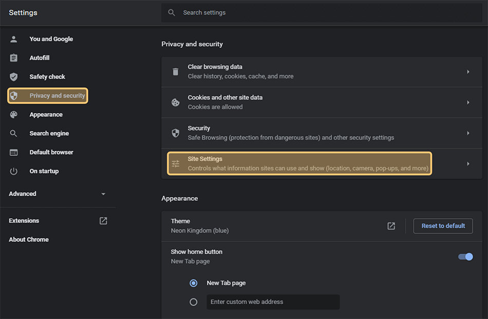 Buka Menu Site Settings