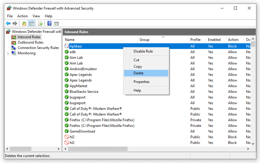 Delete Rule di Firewall