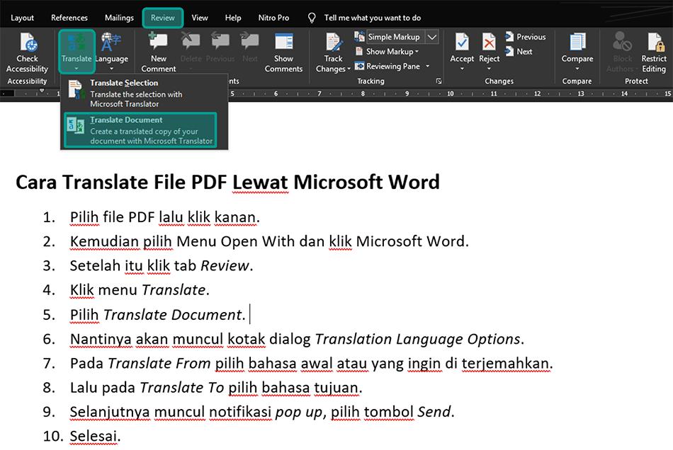Menu Translate Document