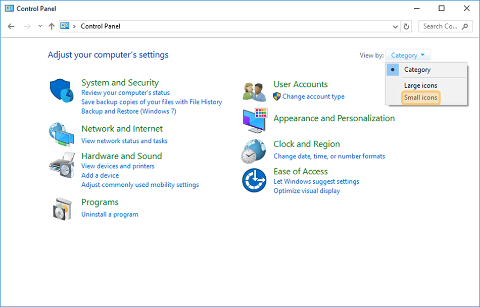 Pilih opsi Small Icons di Control Panel