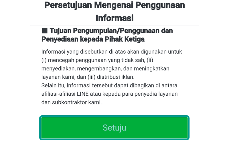 Halaman Persetujuan Informasi Pengguna Line