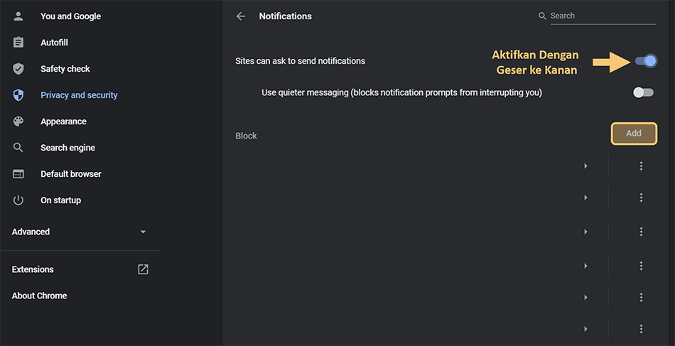 Tambahkan Blokir Notifikasi Pada Situs Tertentu